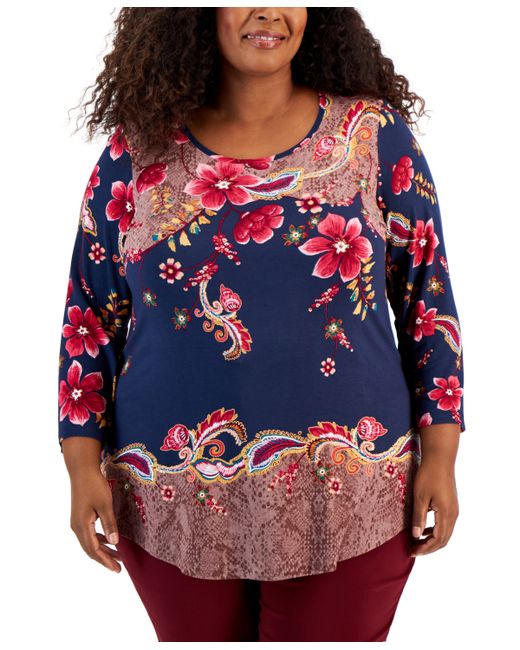 Jm Collection Plus Printed 3/4-Sleeve Top Created for