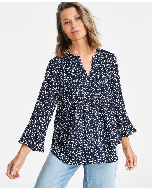 Style & Co Printed Pintuck Ruffle Sleeve Top Created for