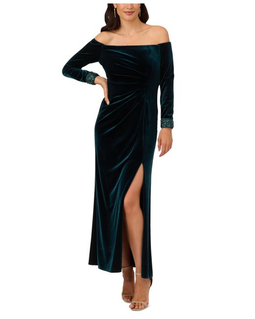 Adrianna Papell Velvet Off-The-Shoulder Beaded-Cuff Gown