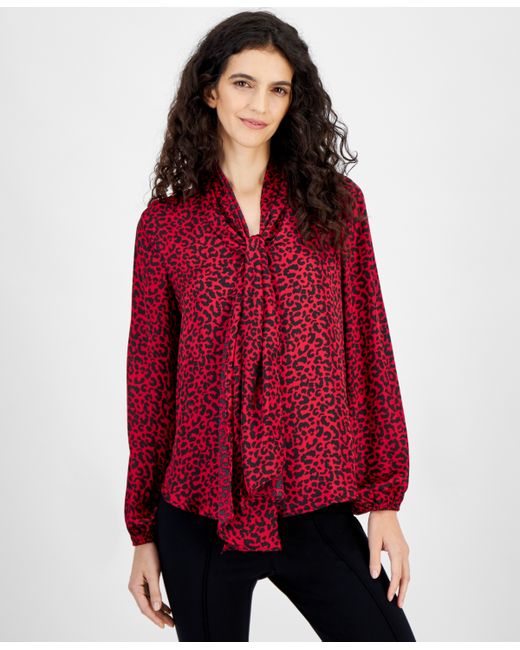Bar III Tie-Neck Animal-Print Blouse Created for