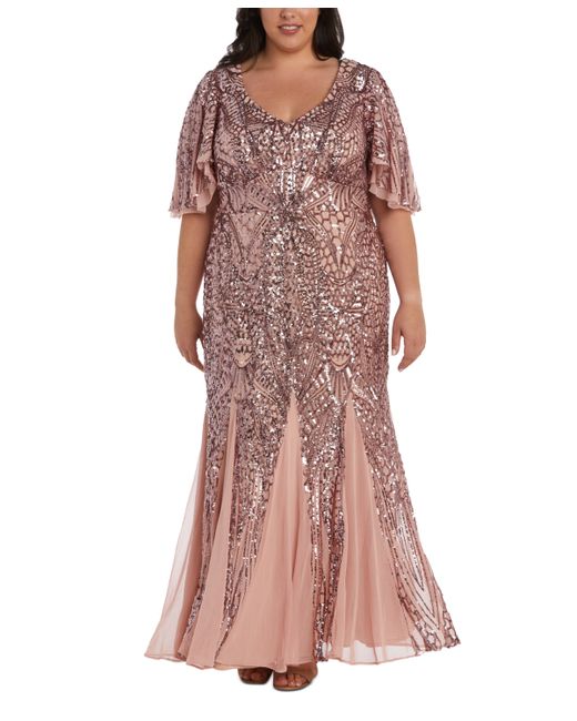 Nightway Plus Sequin Flutter-Sleeve Godet Gown