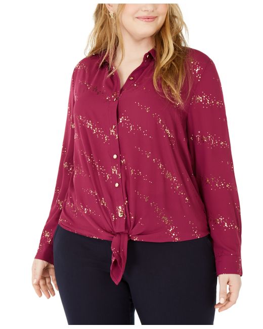 Ny Collection Plus Printed Button-Front Tie-Hem Top