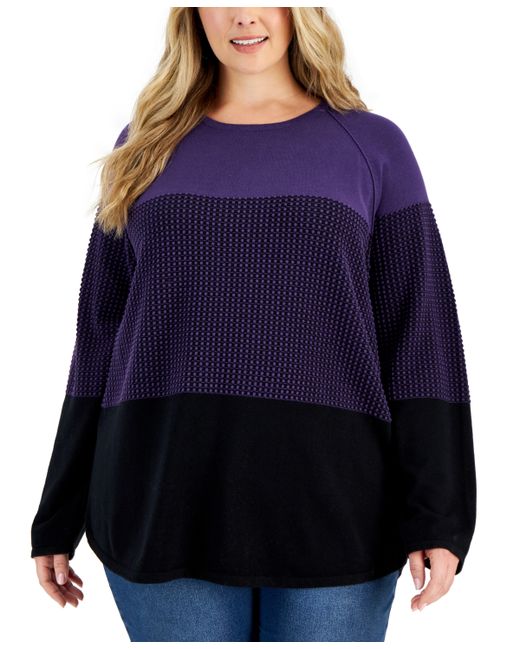 Karen Scott Plus Textured Colorblocked Cotton Sweater Created for