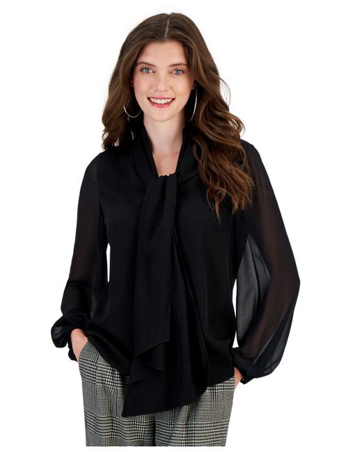 Bar III Tie-Neck Sheer-Long-Sleeve Blouse Created for