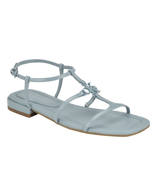 Calvin Klein Sindy Square Toe Strappy Flat Sandals Light Patent Faux Leather