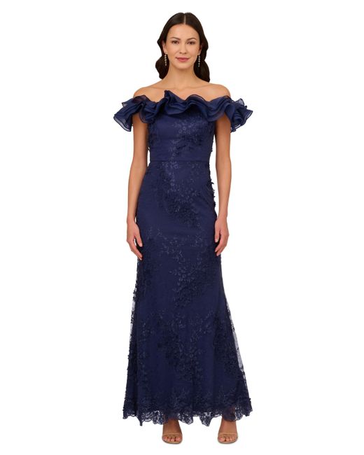Adrianna Papell Ruffled Off-The-Shoulder Mermaid Gown