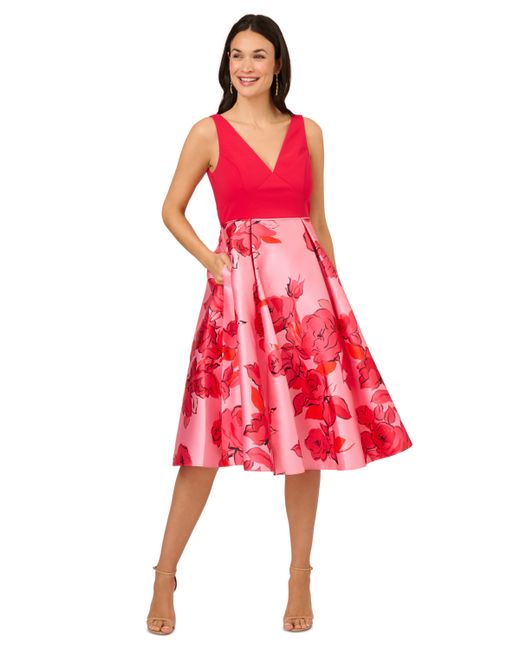 Adrianna Papell Printed Sleeveless Midi Dress Red/Multi