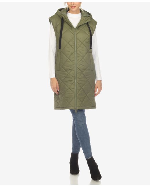 White Mark Diamond Quilted Hooded Long Puffer Vest Jacket