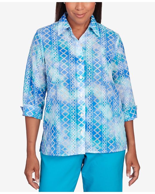 Alfred Dunner Tradewinds Eyelet Tie Dye Button Down Top
