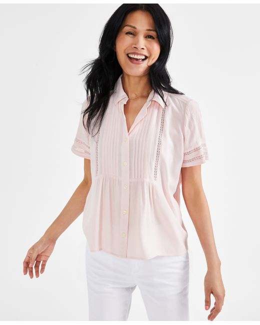 Style & Co Petite Pintuck Short-Sleeve Button-Front Shirt Created for