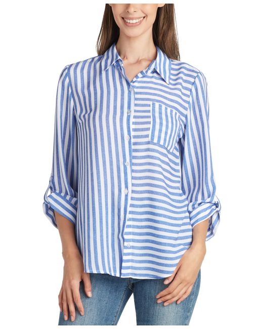 Bcx Juniors Cotton Striped Roll-Tab-Sleeve Shirt