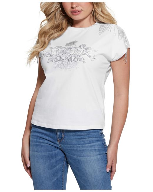 Guess Embellished Graphic Fringed Cotton T-Shirt