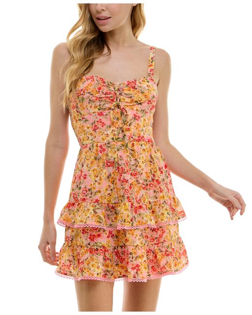 City Studios Juniors Floral-Print Lace-Up Fit Flare Dress yello