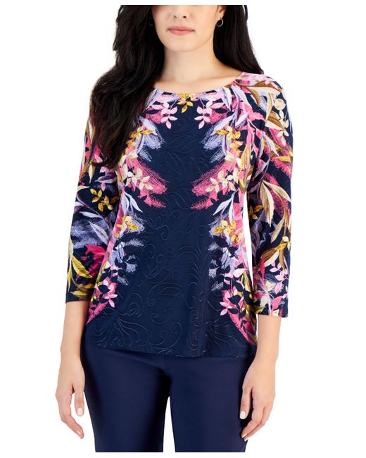 Jm Collection Printed 3/4 Sleeve Jacquard Top Created for