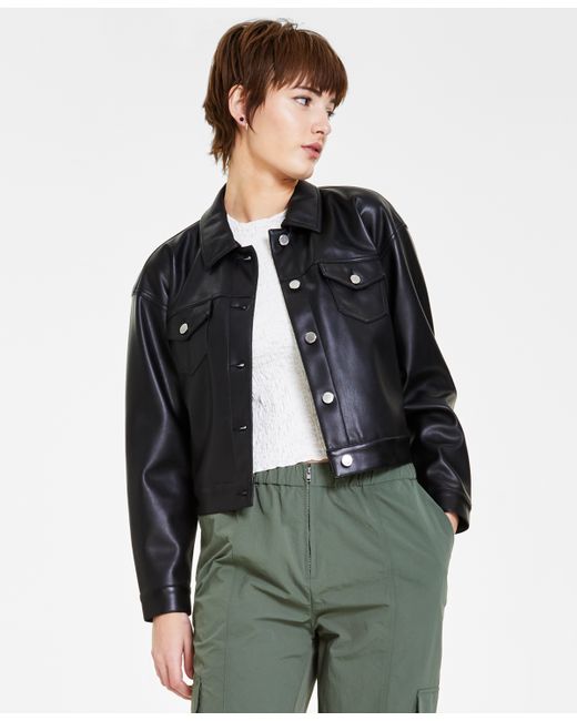 Bar III Petite Cropped Long-Sleeve Faux-Leather Jacket Created for