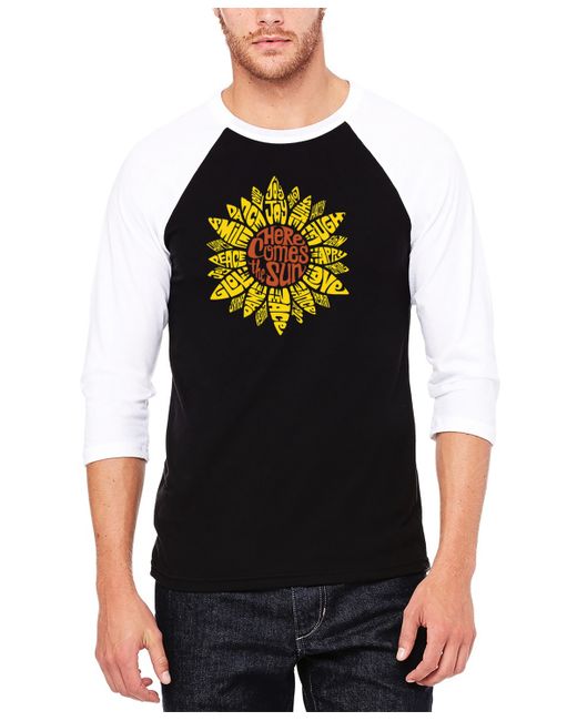 La Pop Art Raglan Baseball 3/4 Sleeve Sunflower Word Art T-shirt White