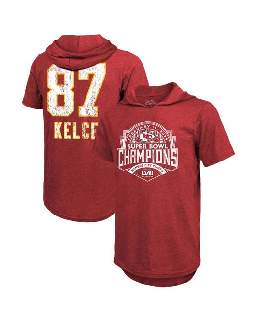 Majestic Threads Travis Kelce Distressed Kansas City Chiefs Super Bowl Lviii Player Name and Number Tri-Blend Hoodie T-Shirt