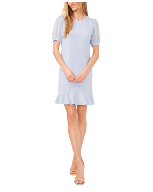 Cece Mixed Media Puffed Clip Dot Short Sleeve Dress