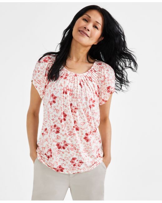 Style & Co Printed Pleated Scoop-Neck Top Created for