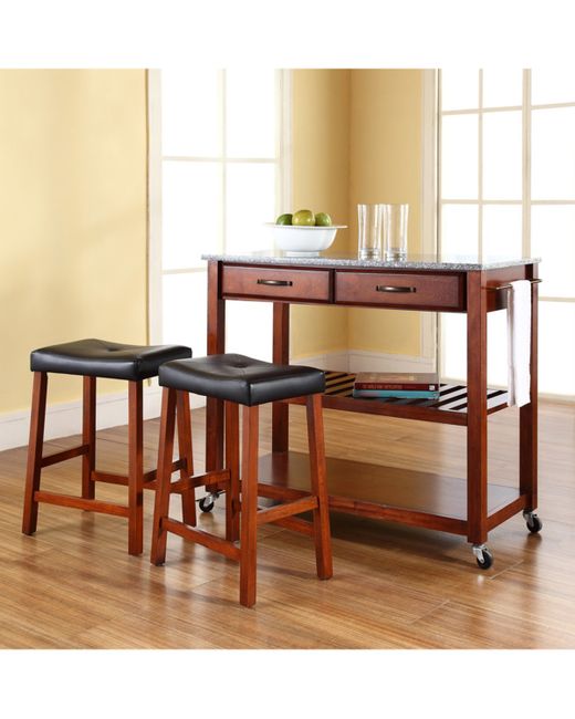 Crossley Solid Granite Top Kitchen Cart Island With 24 Upholstered Saddle Stools