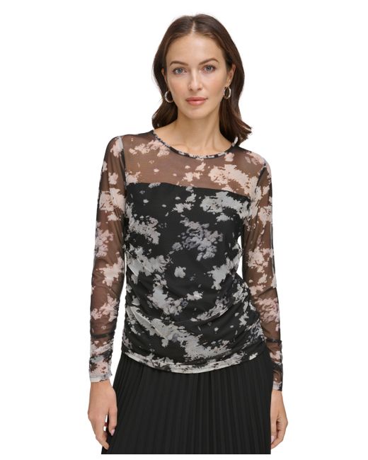 Dkny Printed Mesh Ruched Long-Sleeve Top Pearl Ivory