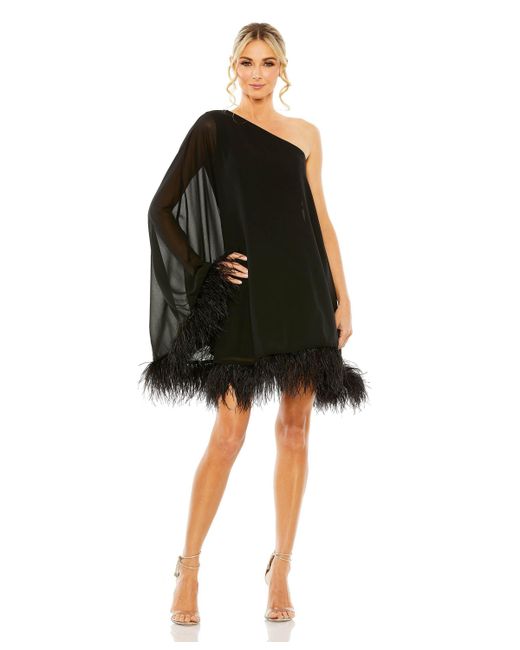 Mac Duggal One Shoulder Trapeze Dress with Feather Trim