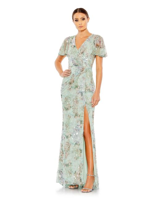 Mac Duggal Embellished Butterfly Sleeve Faux Wrap Gown