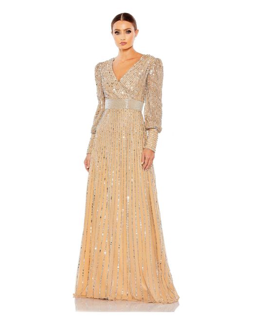 Mac Duggal Sequined Wrap Over Bishop Sleeve Gown