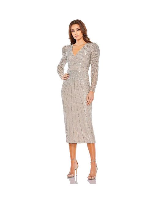 Mac Duggal Beaded Lace Long Sleeve Midi Dress