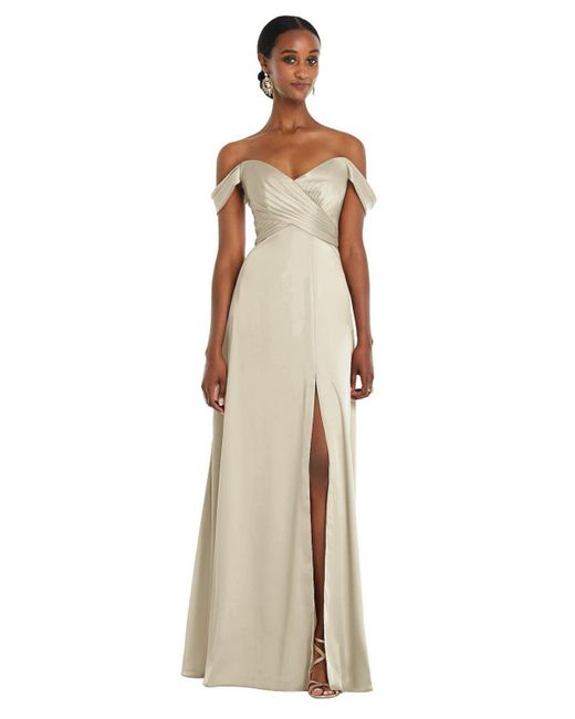 Dessy Collection Off-the-Shoulder Flounce Sleeve Empire Waist Gown with Front Slit