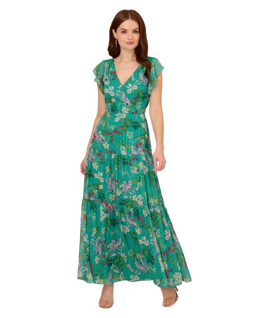 Adrianna Papell Floral-Print Surplice-Neck Tiered Gown