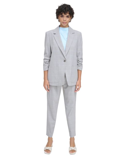 Calvin Klein Plaid Ruched-Sleeve One-Button Blazer