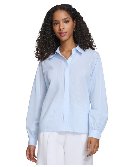 Calvin Klein Pinstriped Covered-Placket Long-Sleeve Blouse