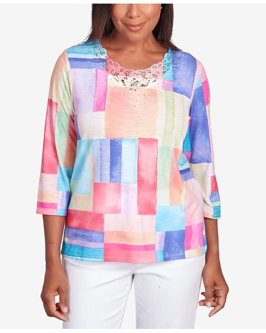 Alfred Dunner Classic Brights Bright Patchwork Lace Neck Top