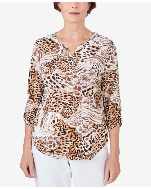 Alfred Dunner Classic Puff Print Mixed Animal Split Neck Top