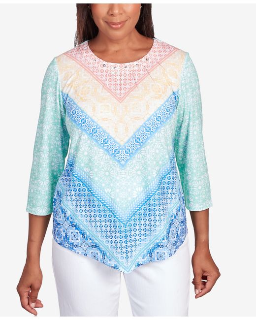 Alfred Dunner Classic Pastels Pleated Neck Chevron Top