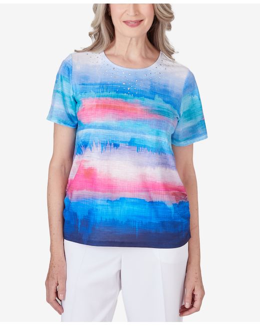 Alfred Dunner Paradise Island Crew Neck Short Sleeve Side Ruching Watercolor Stripe Top