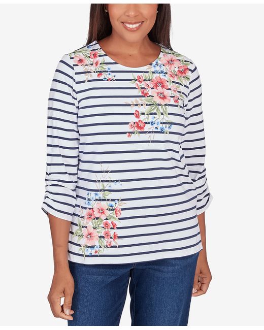 Alfred Dunner Petite A Fresh Start Ruched Sleeve Striped Floral Top