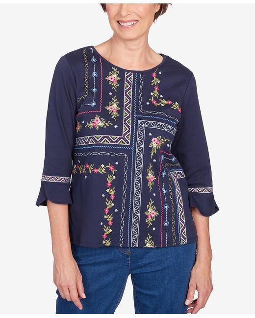 Alfred Dunner Petite Full Bloom Flower Embroidery Quad Top