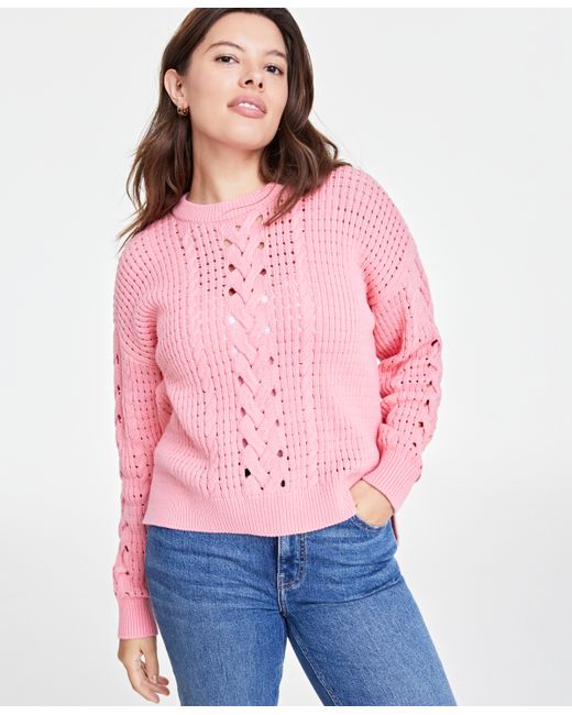 On 34th Cable-Knit-Mesh Crewneck Long-Sleeve Sweater Created for