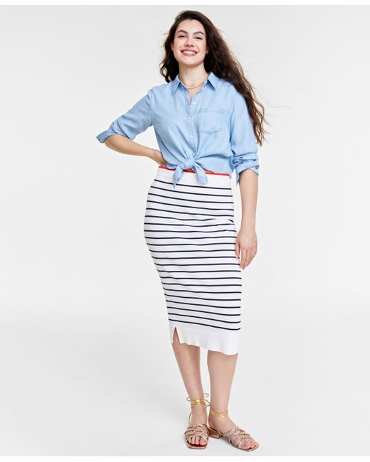 On 34th Striped Sweater-Knit Pencil Skirt Created for navy