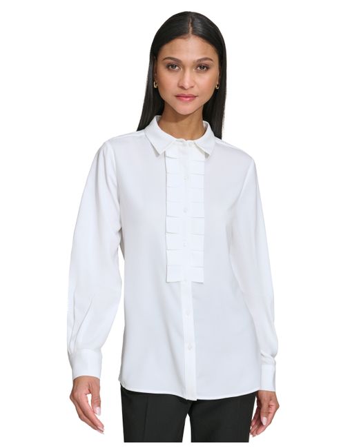 Karl Lagerfeld Collared Pleat-Front Long-Sleeve Top