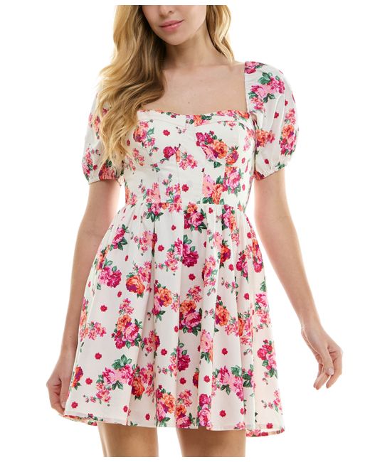 City Studios Juniors Floral Print Puff-Sleeve Fit Flare Dress mage