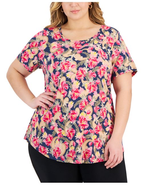 Jm Collection Plus Oaklyn Floral-Print Short-Sleeve Top Created for