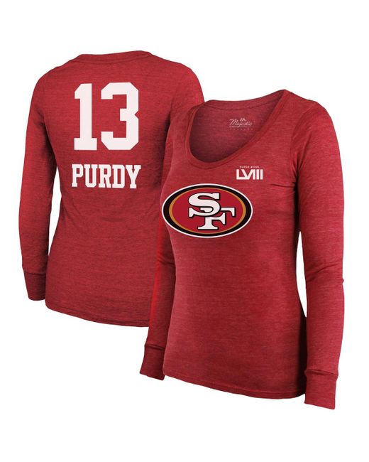 Majestic Threads Brock Purdy San Francisco 49ers Super Bowl Lviii Scoop Name and Number Tri-Blend Long Sleeve T-shirt