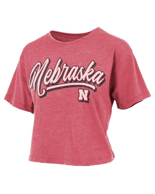 Pressbox Distressed Nebraska Huskers Team Script Harlow Vintage-Like Waist Length T-shirt