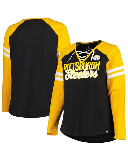 Fanatics Gold Pittsburgh Steelers Plus True to Form Lace-Up V-Neck Raglan Long Sleeve T-shirt