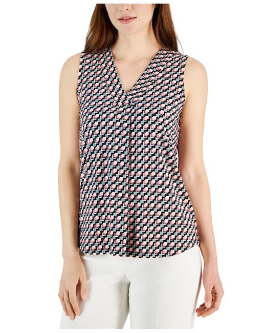 AK Anne Klein Printed Pleat-Front Sleeveless Top Cherry Blossom