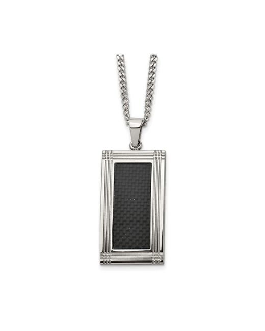Chisel Grooved Carbon Fiber Inlay Rectangle Dog Tag Curb Chain Necklace