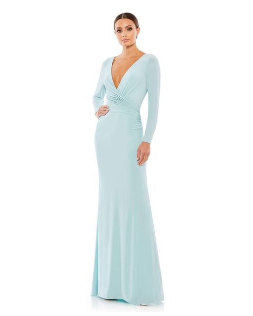 Mac Duggal Ieena Long Sleeve Ruched Jersey V-Neck Gown